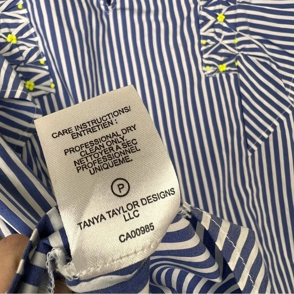 Tanya Taylor Pilar Striped Ruffle-Trim Blouse size 8 Blue White Cotton Blend - Picture 11 of 14